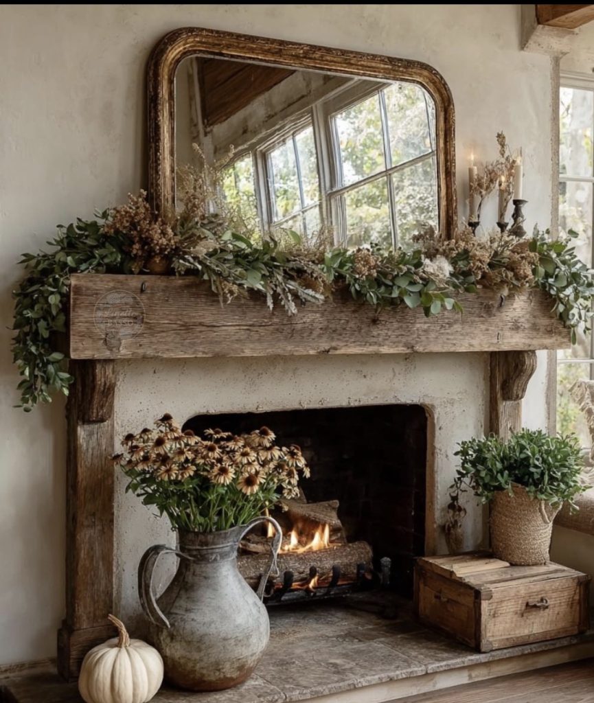 Fall mantel with natural wood accent 