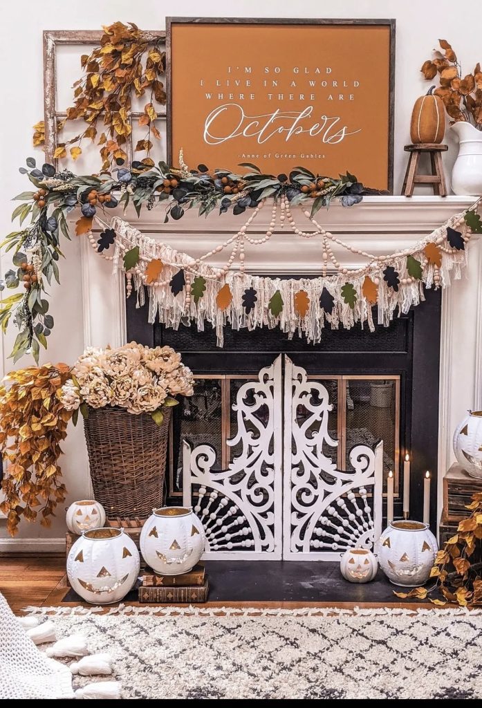 Fall mantel with cream pumpkin 