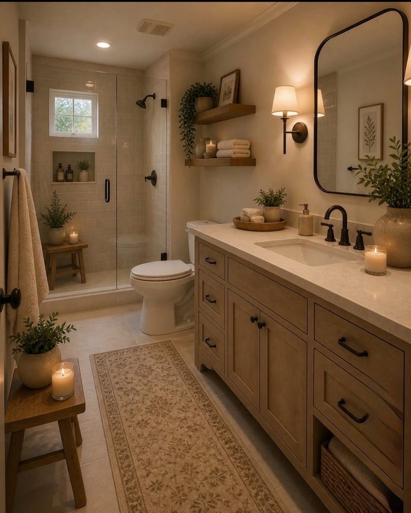 Warm lighting in a rustic bathroom