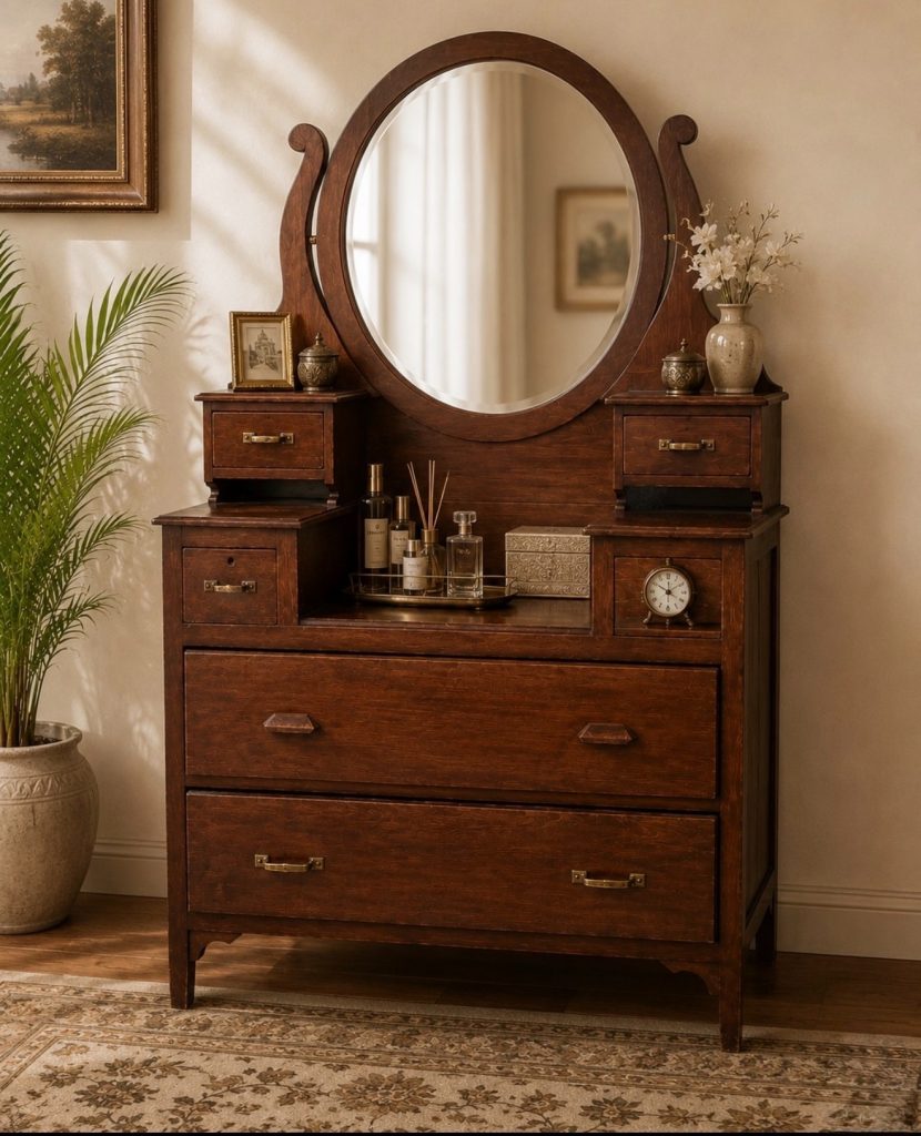 Vintage Wood Vanity With Round Mirror