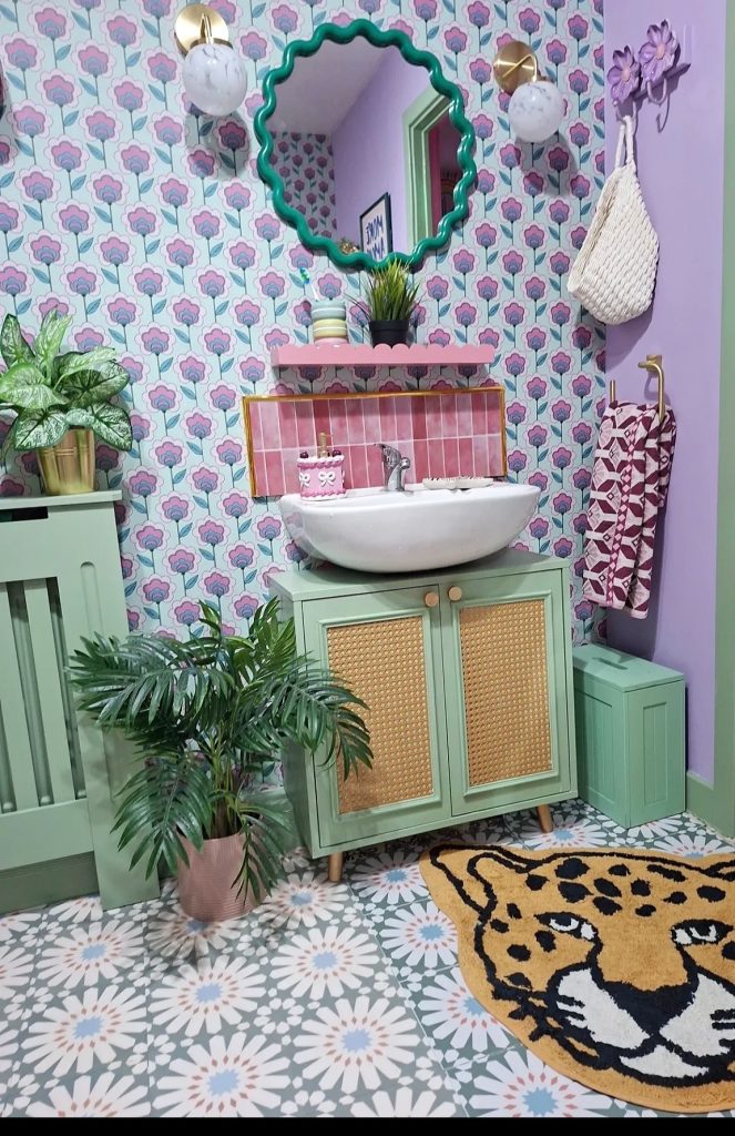Statement Rugs Layered on the Floor On Funky Small Bathroom