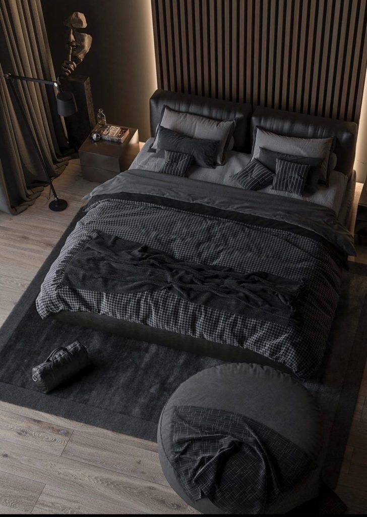 Moody bedroom with statement headboard