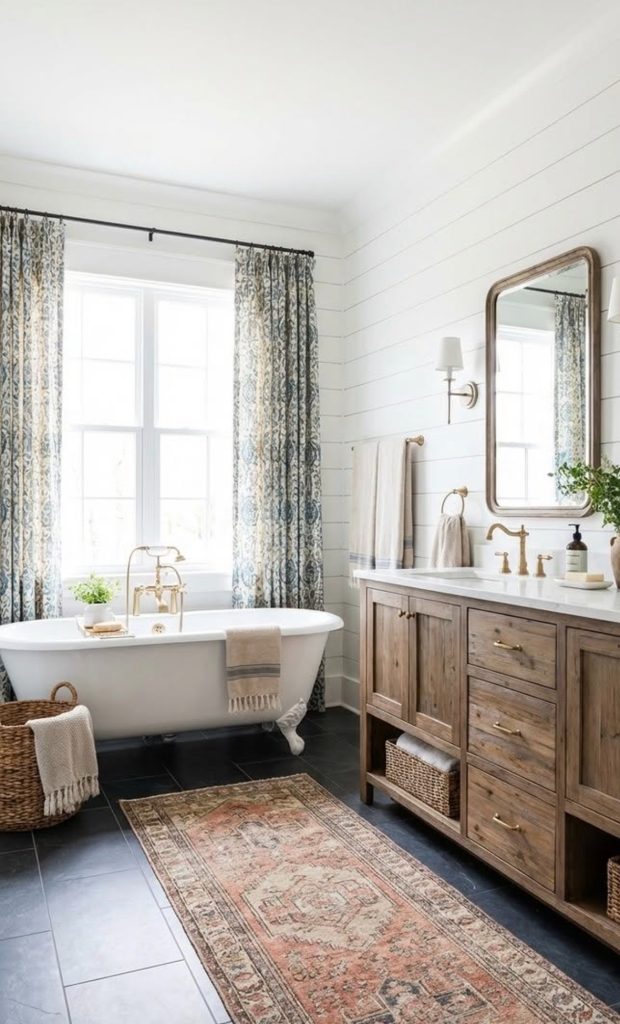faded rugs in a vintage bathroom