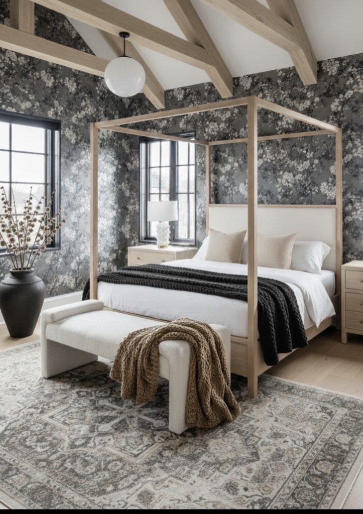 Moody wallpaper behind a canopy bed frame 