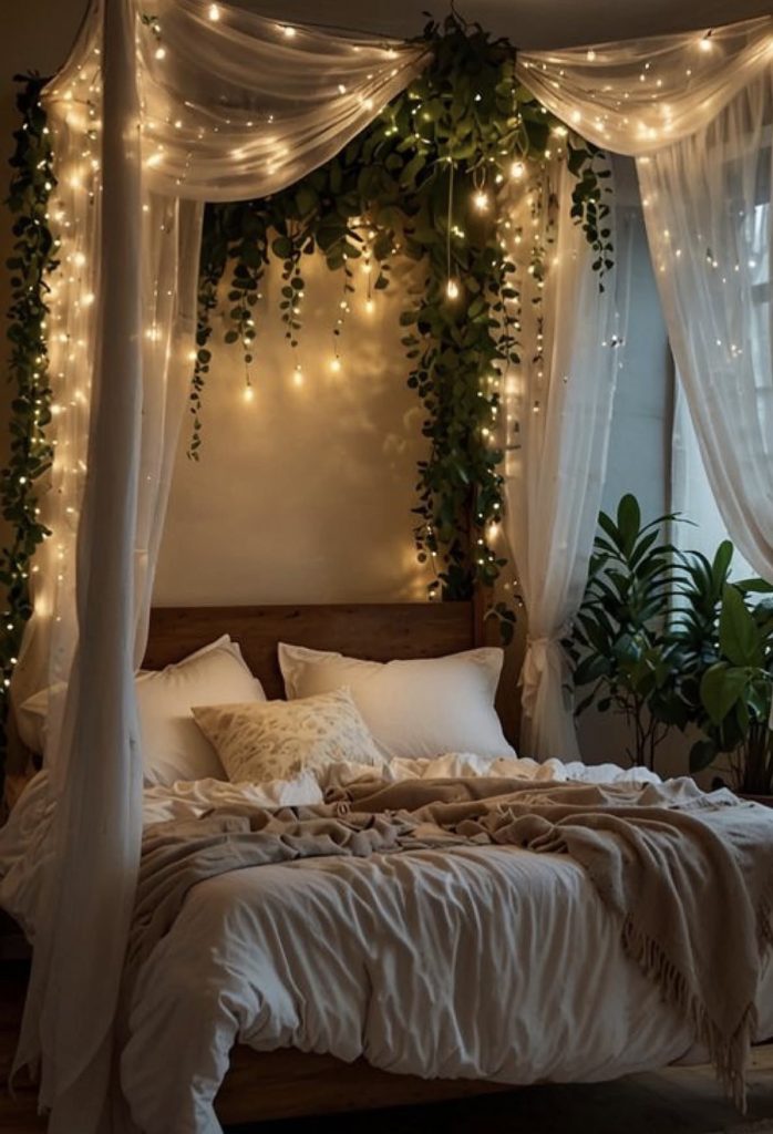 Warm String Lights In Moody Canopy Bedroom 