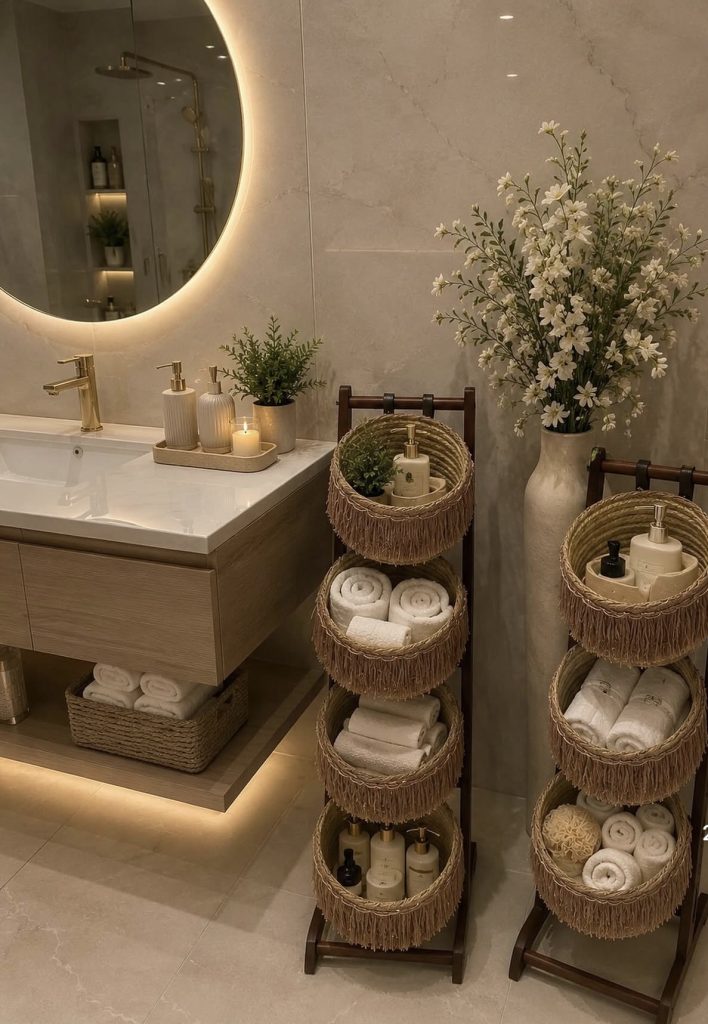 Baskets and bin in bathroom
