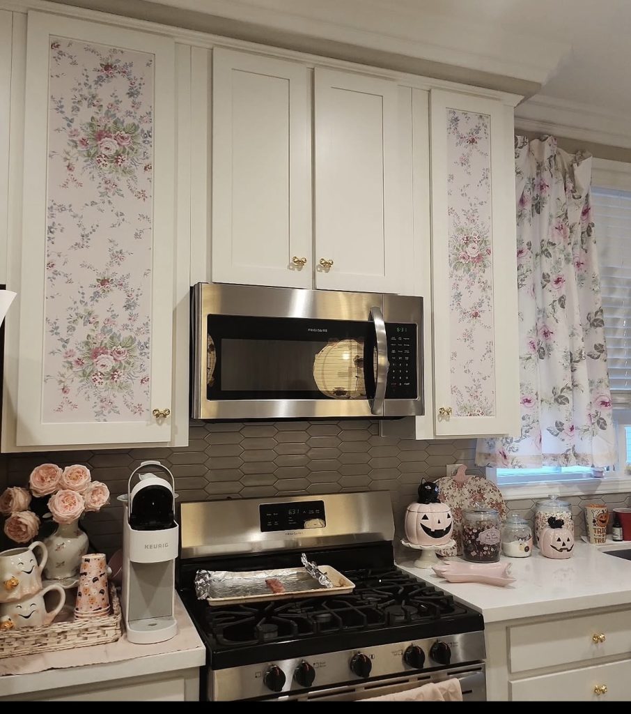 Peel and stick wallpaper on kitchen cabinet 