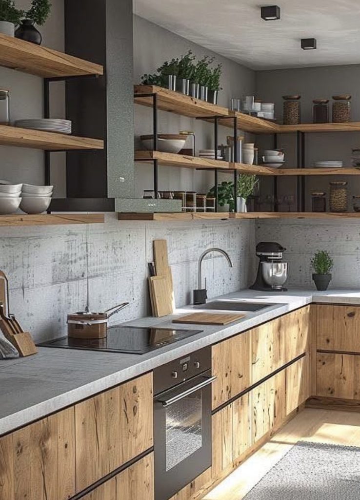 Open shelving on top kitchen cabinet