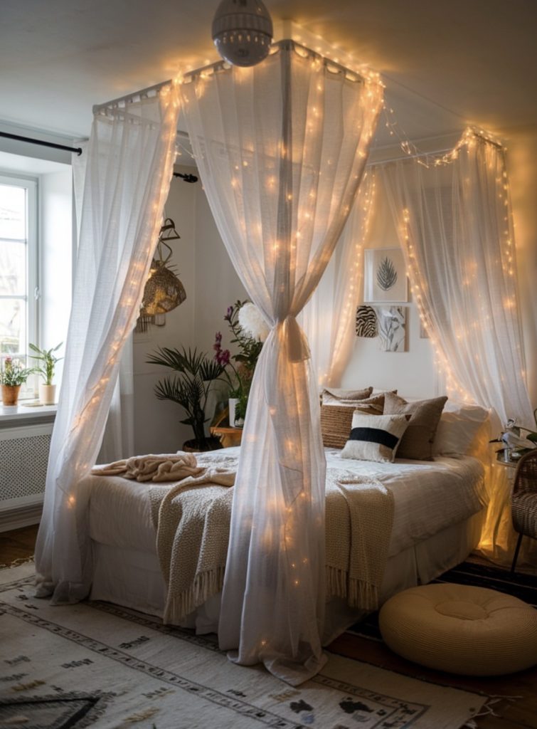 Renter friendly bedroom with canopy bed