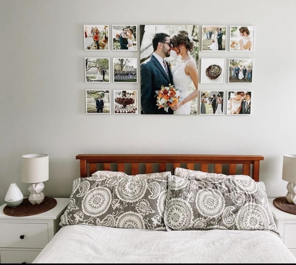 Gallery wall in a renter friendly couple bedroom 