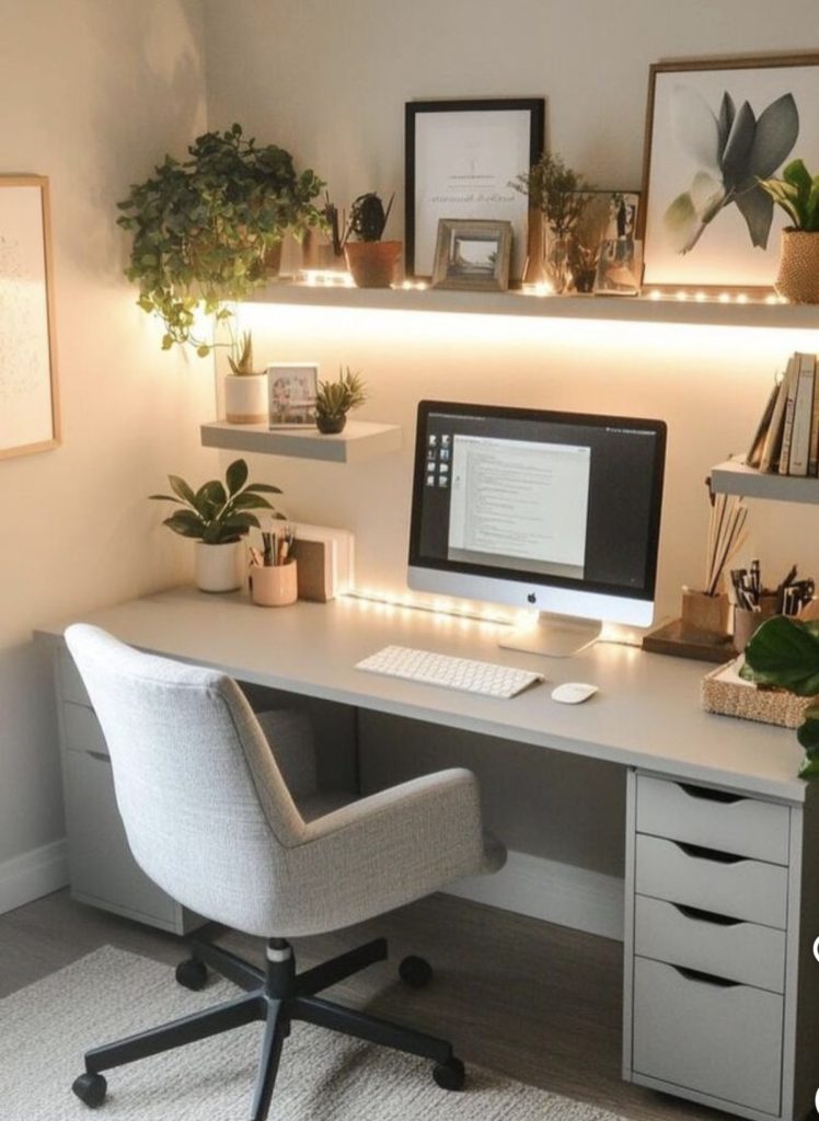 Home office with vertical floating shelf
