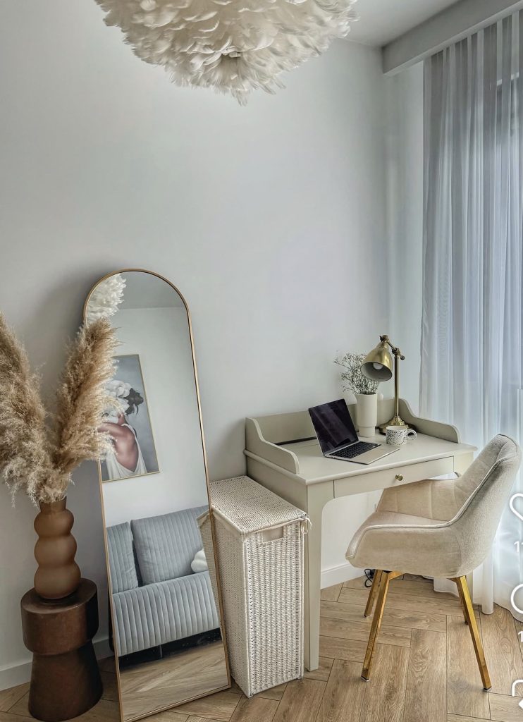 Home office with statement mirror