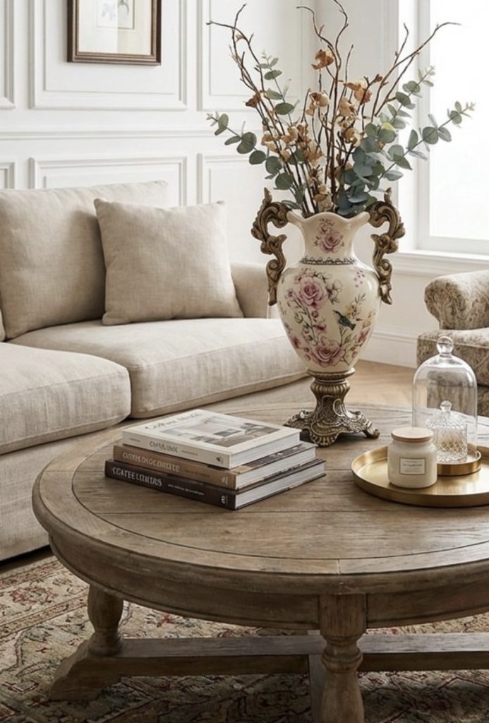 Coffee table with stacked books 