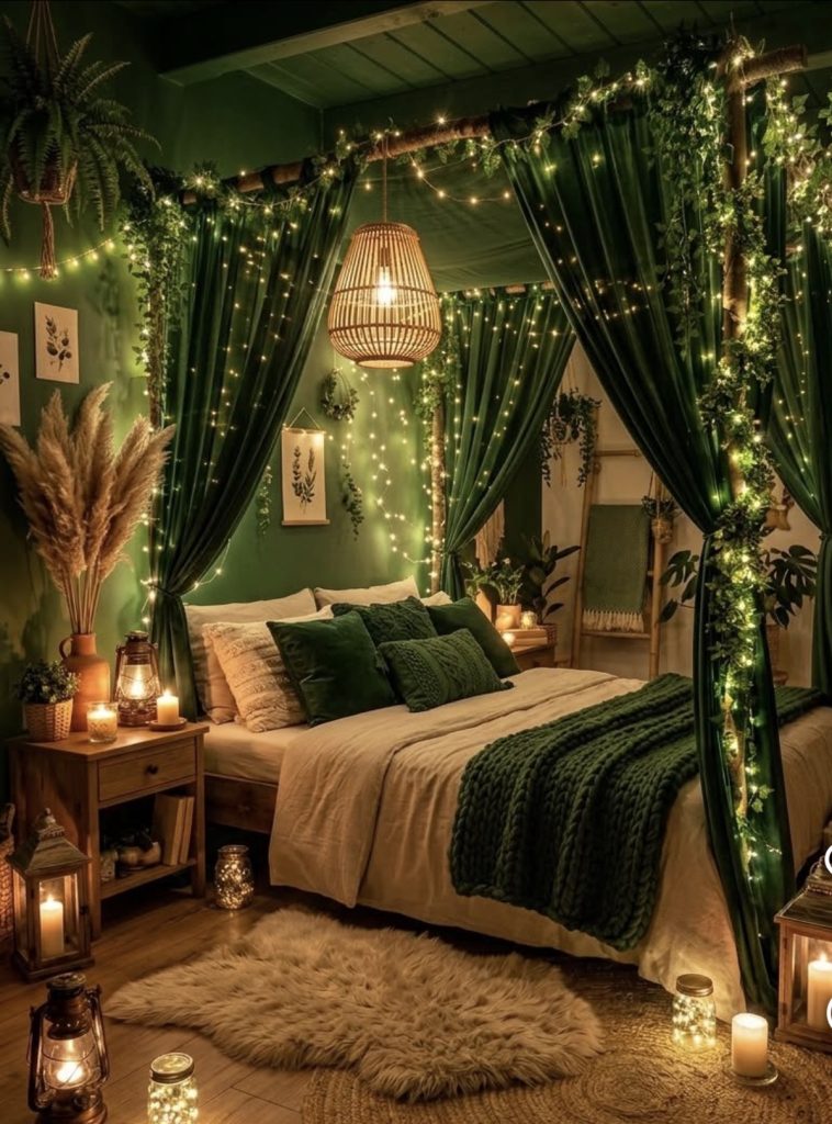Four posted bed with fairy lights 