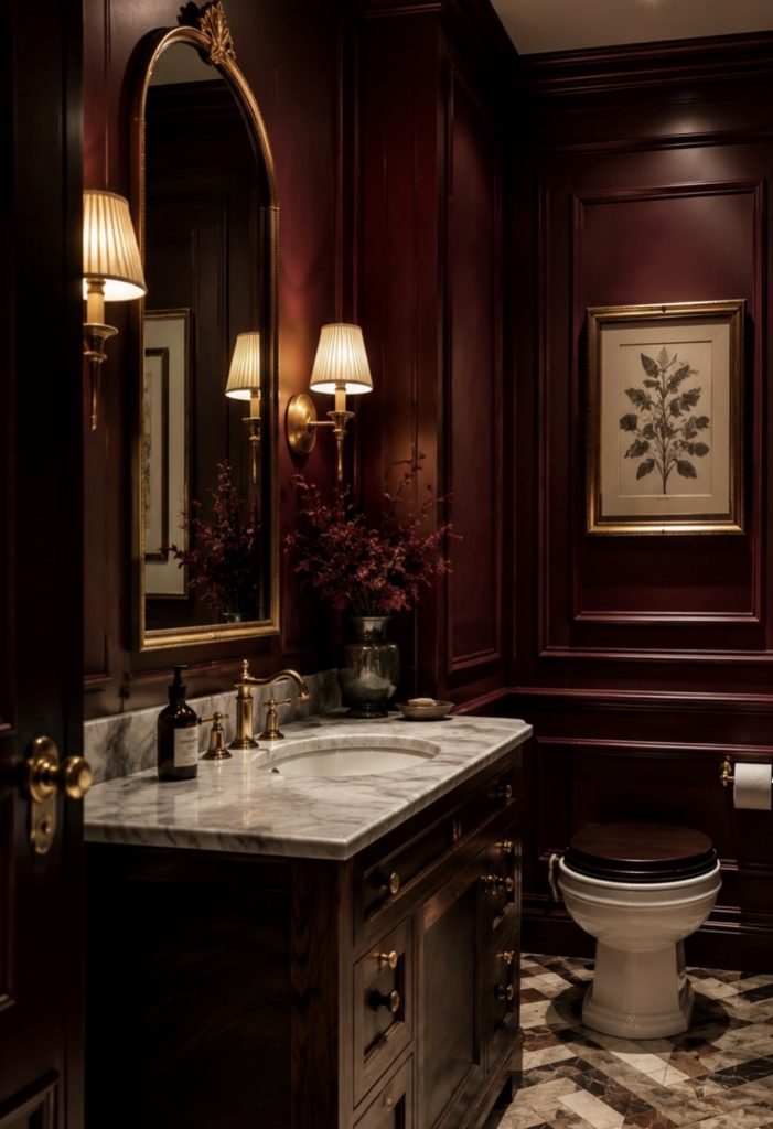 Brass fixtures in dark academia bathroom 
