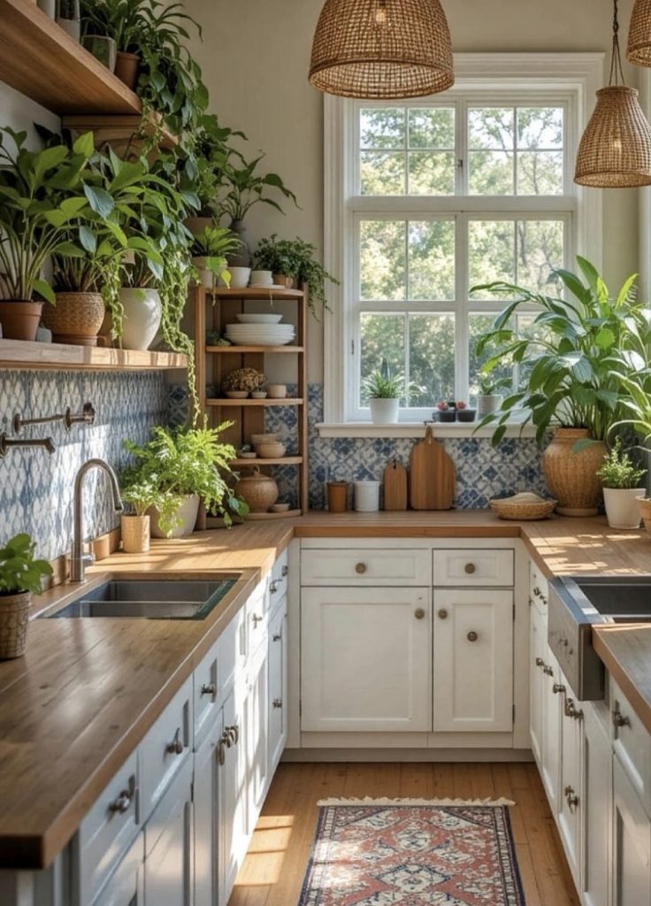 Cactus and dried florals in a boho western kitchen 