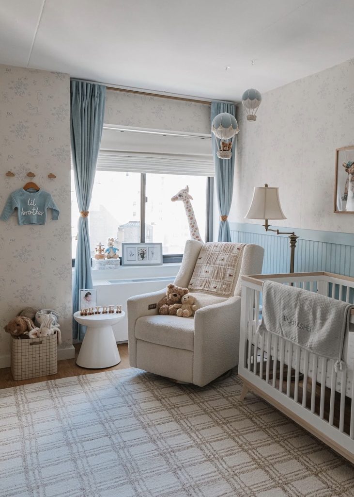 Baby boy nursery with rugs and curtains 