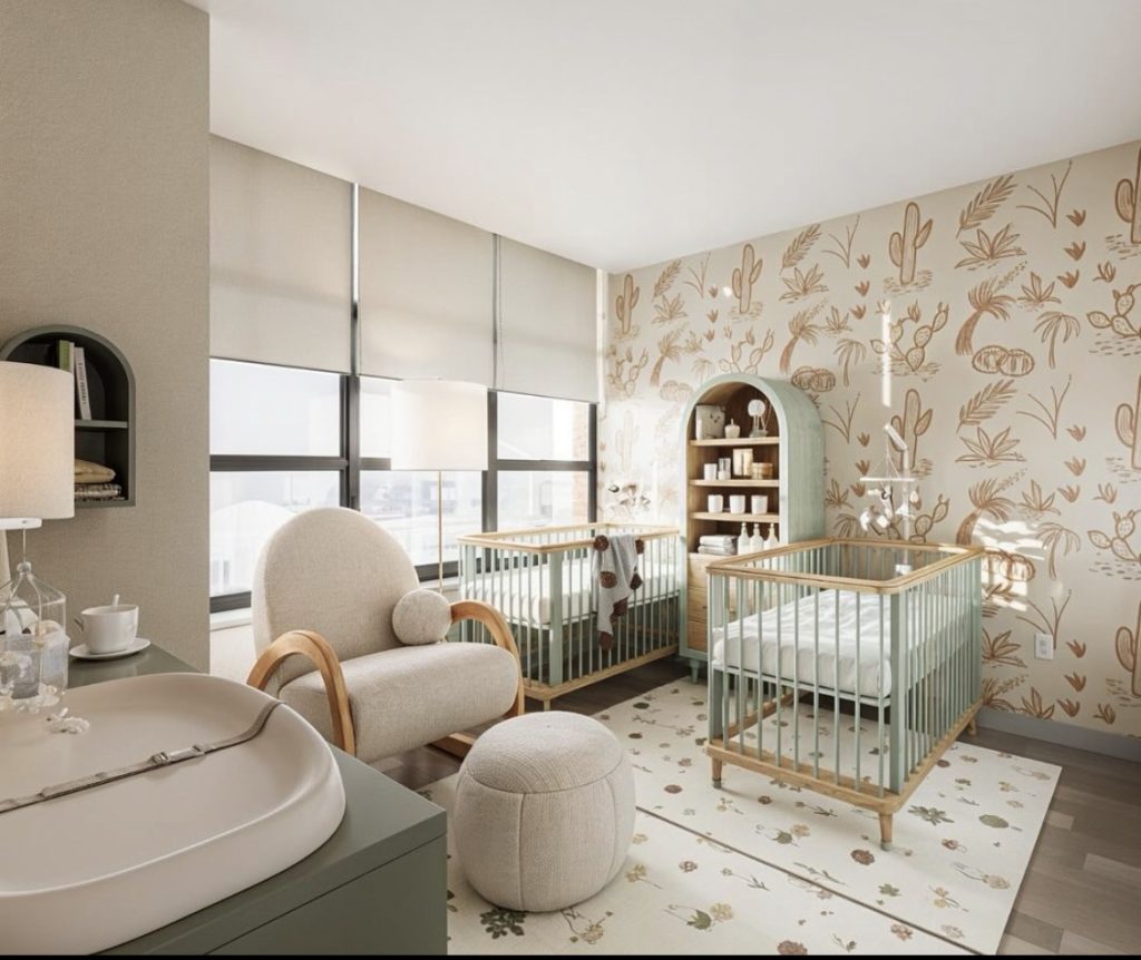 Twin nursery room with matching crib 