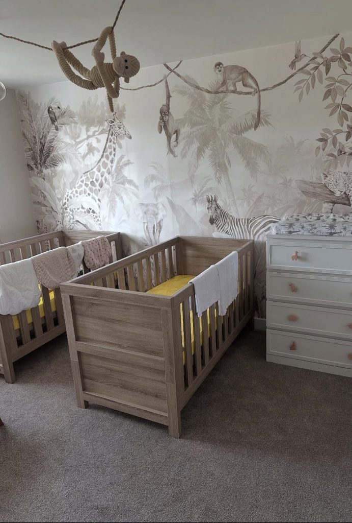 Twin nursery room with natural theme to beautify it
