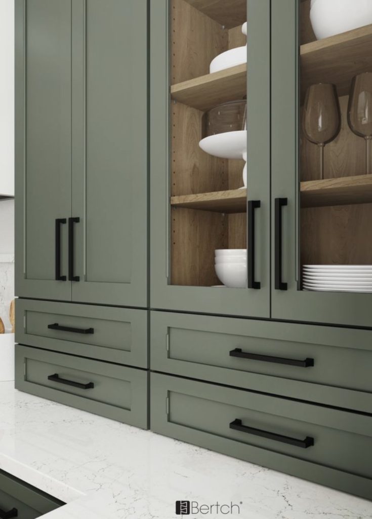 Kitchen cabinet with black matte pull and knob 