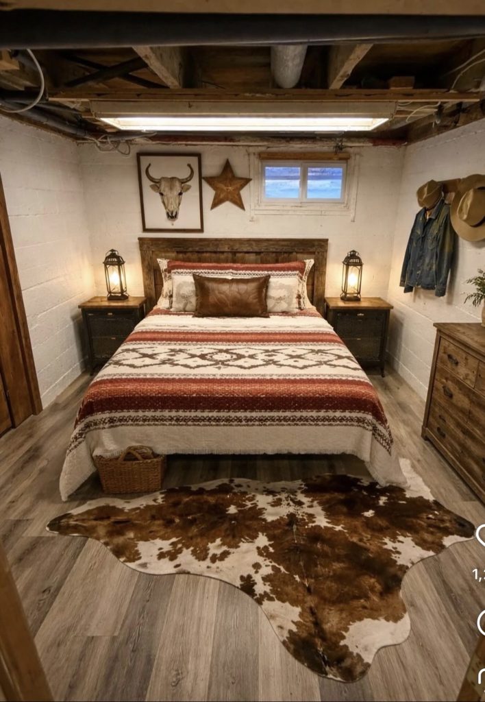 Western bedroom with cowhide rug 