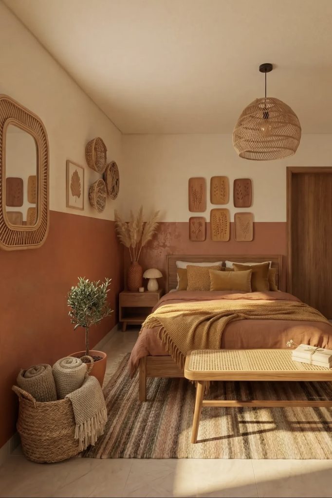 Western bedroom with earthy tone colors 