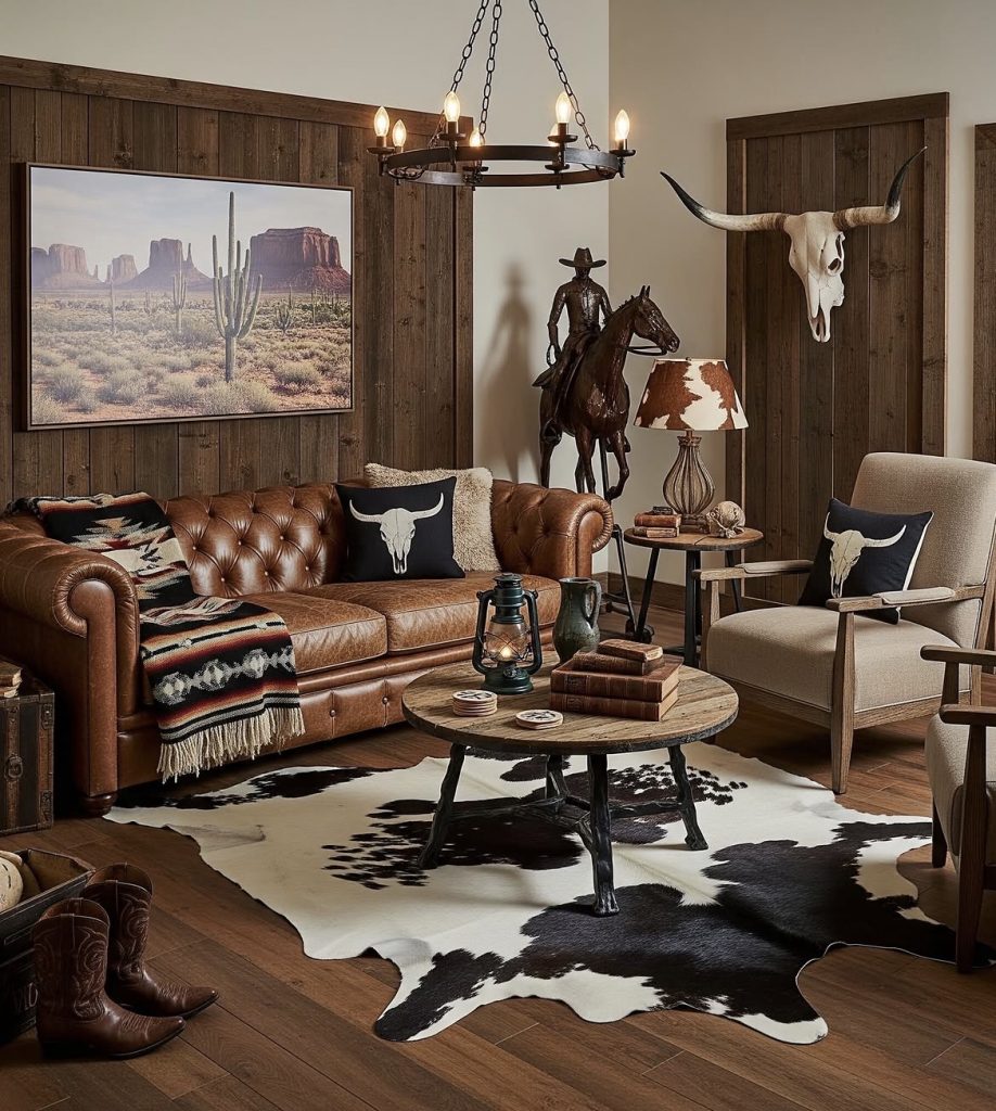 Cowhide rug in a western living room 