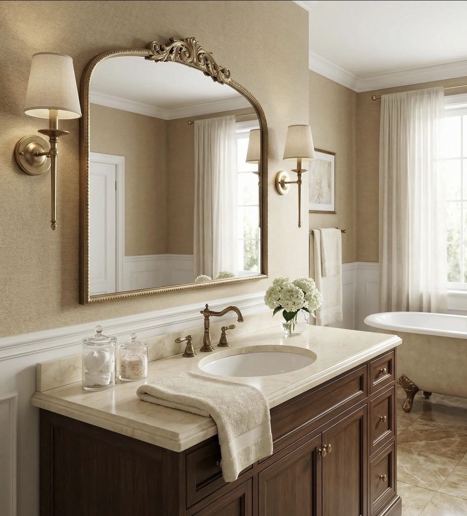 Statement mirror in a western bathroom 