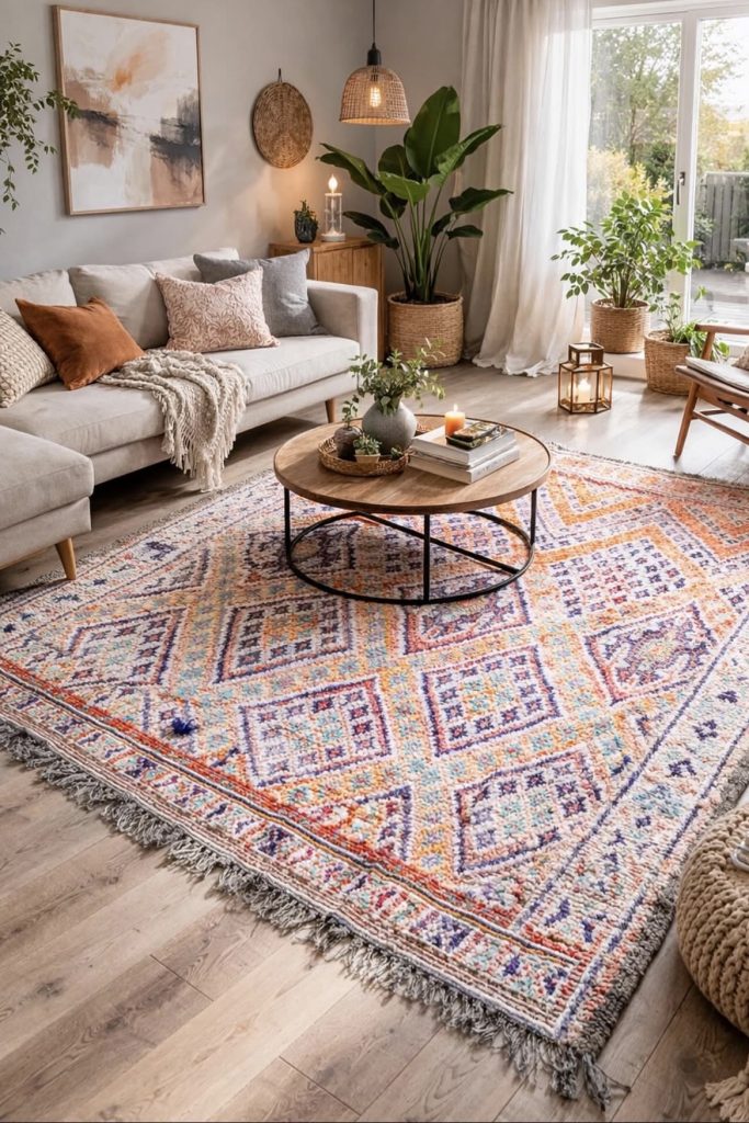 Mixing patterns and textures in Boho living room 