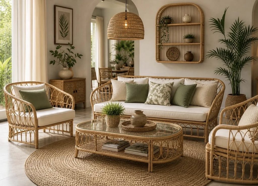 Rattan furniture and woven baskets in a boho living room 