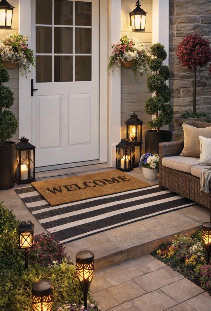 Western front porch with string lights 