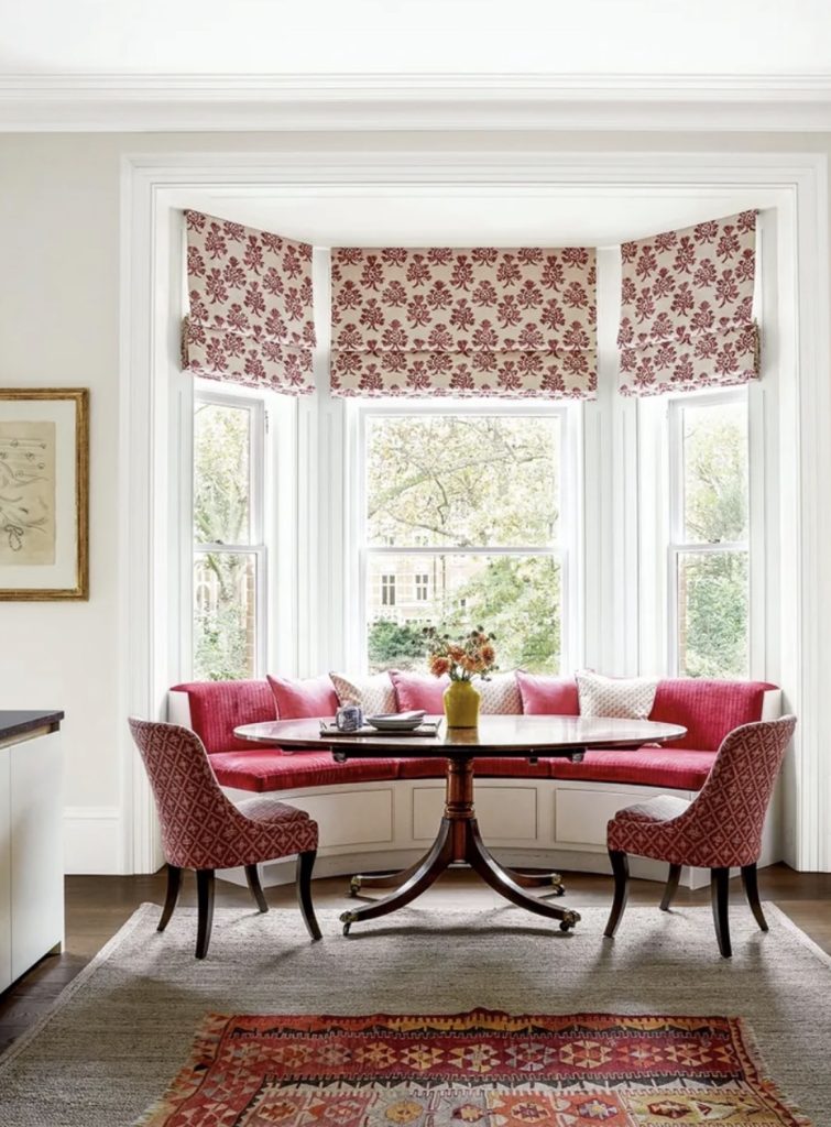 Custom window cushion on dining room bay window 