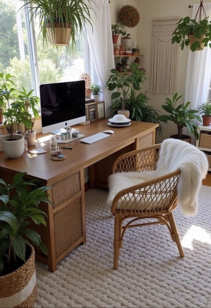 Rattan chair in a boho home office