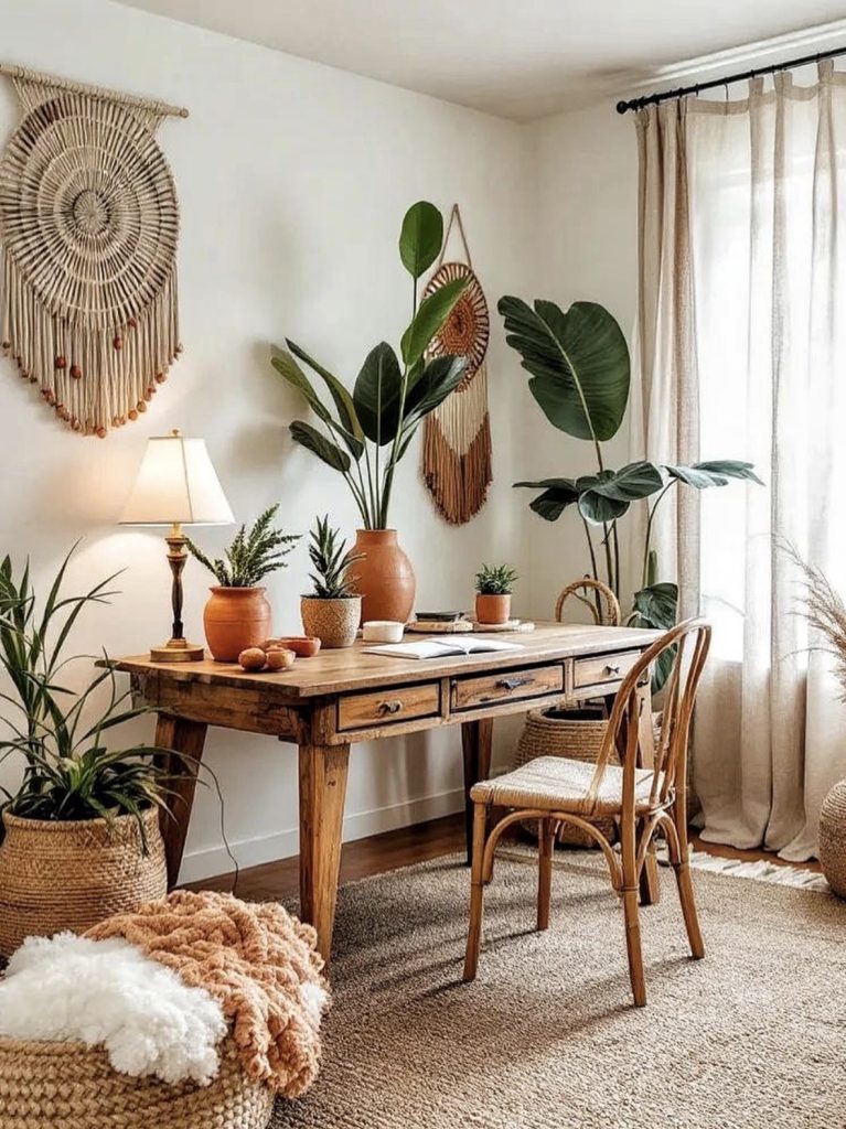 Wool area rug in a boho home office