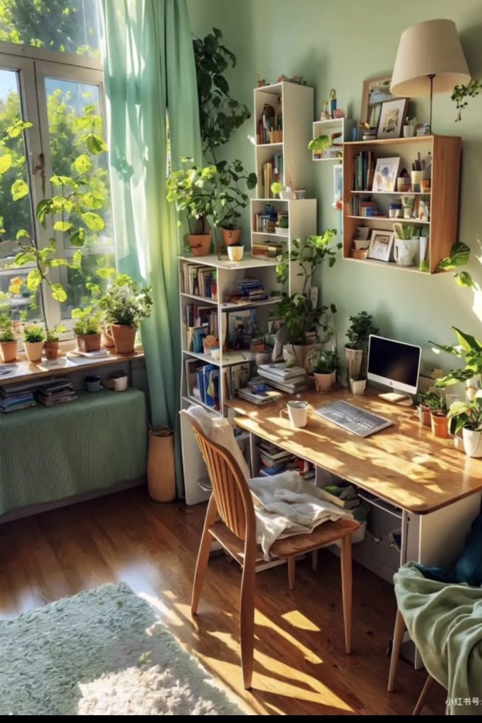 Life plants in a boho home office