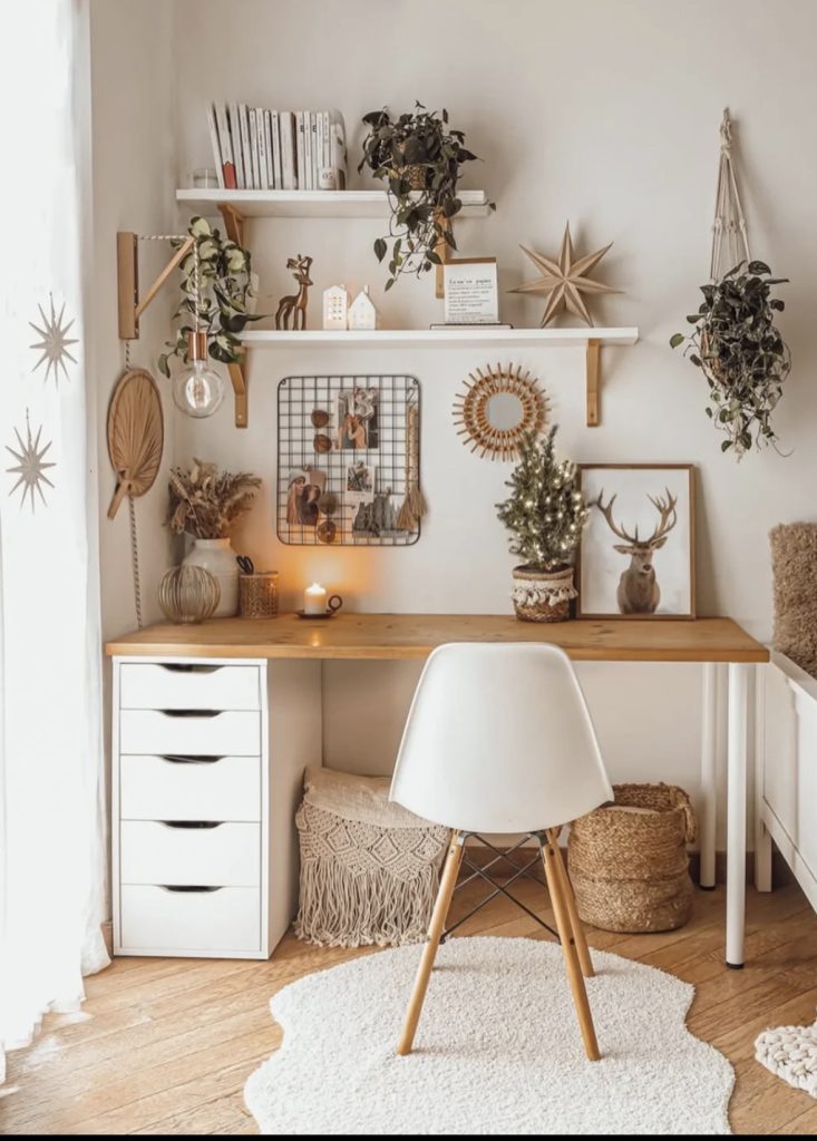 Boho home office with woven baskets