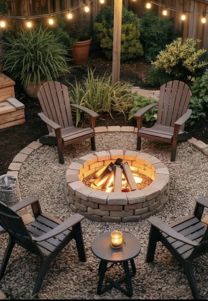 Farmhouse backyard patio with a fire pit 