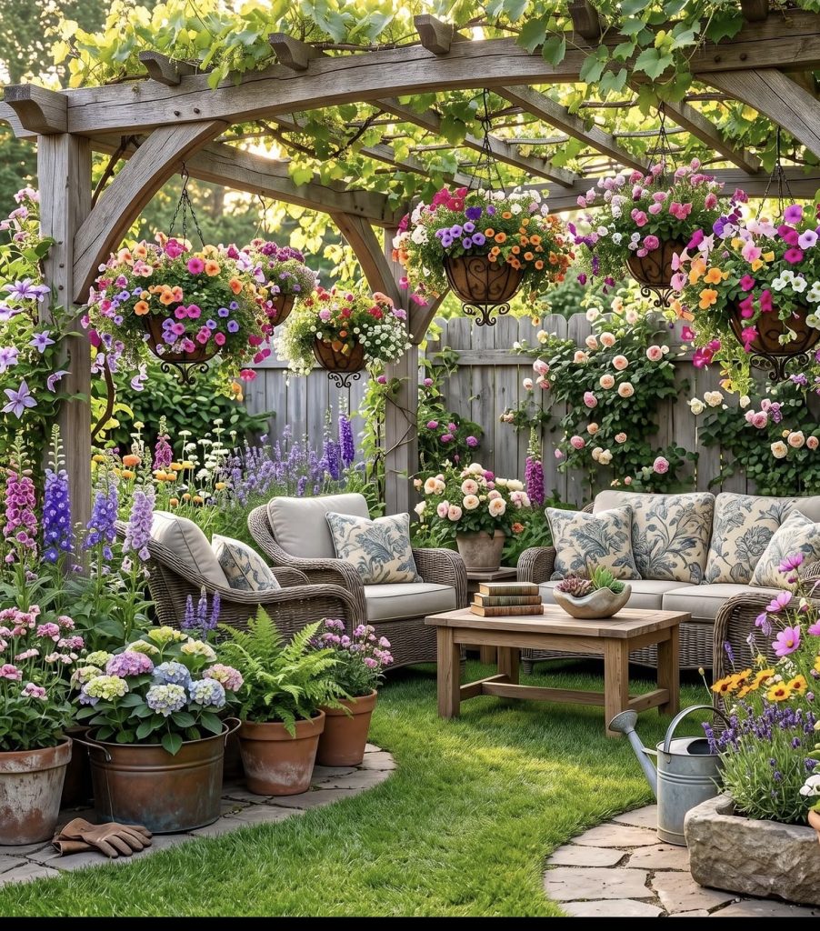 Farmhouse backyard patio with herb garden near it 