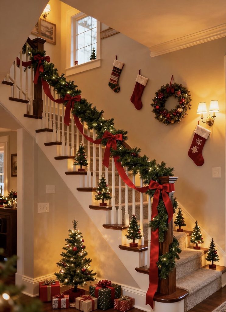 Ribbons used in decorating staircase railings for Christmas 