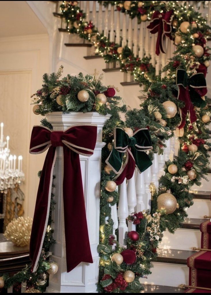 Velvet bows used in staircase railings decoration 