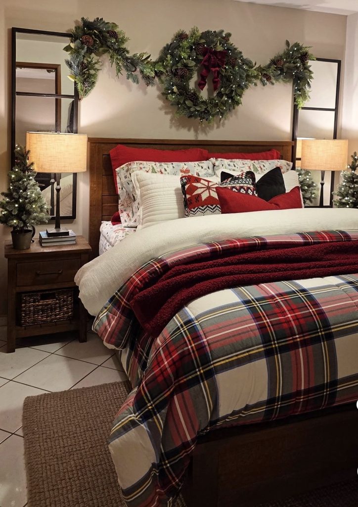 Earth tone Christmas bedroom with greenery elements 