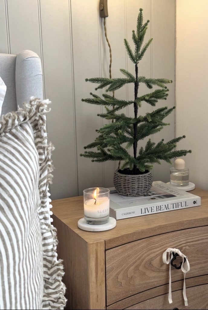 Bedroom nightstand decorated for Christmas 