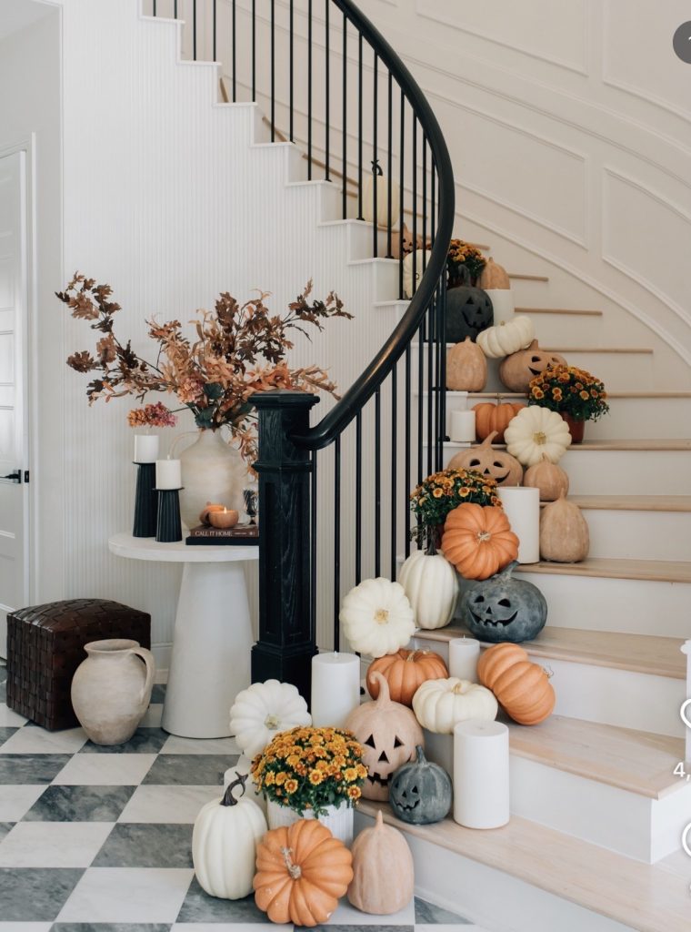 Pumpkins used in staircase fall decor 