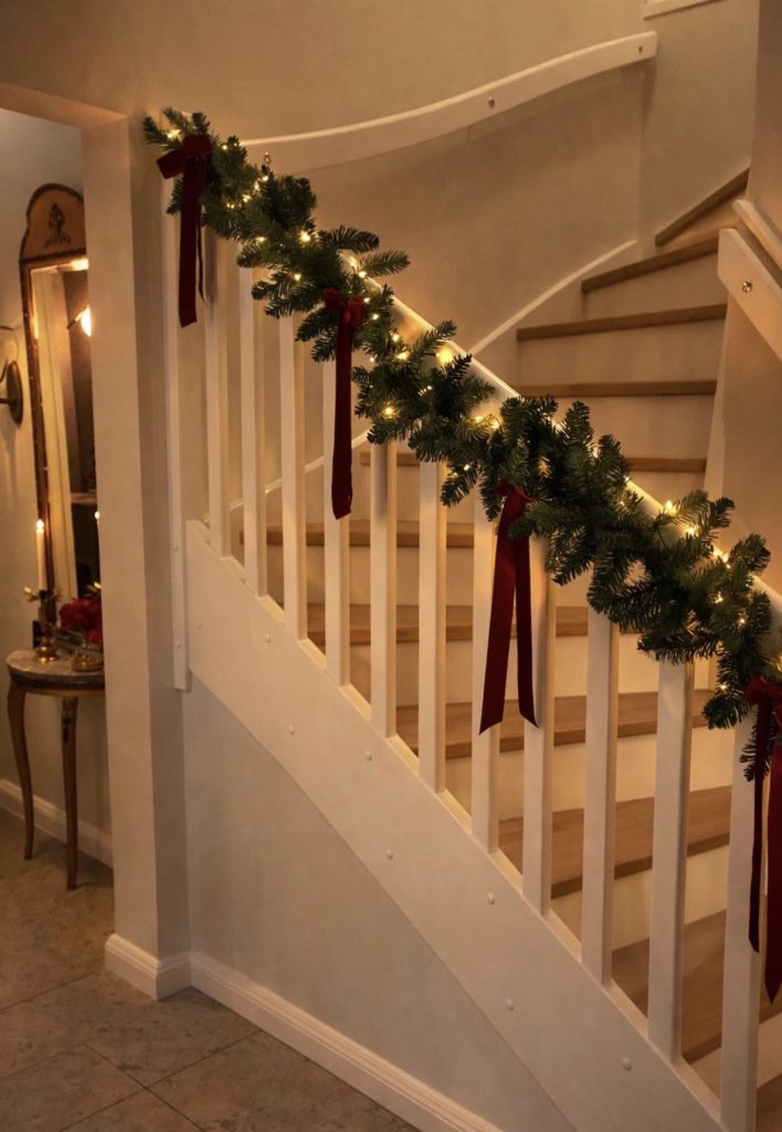 String Lights Woven Through the Banister