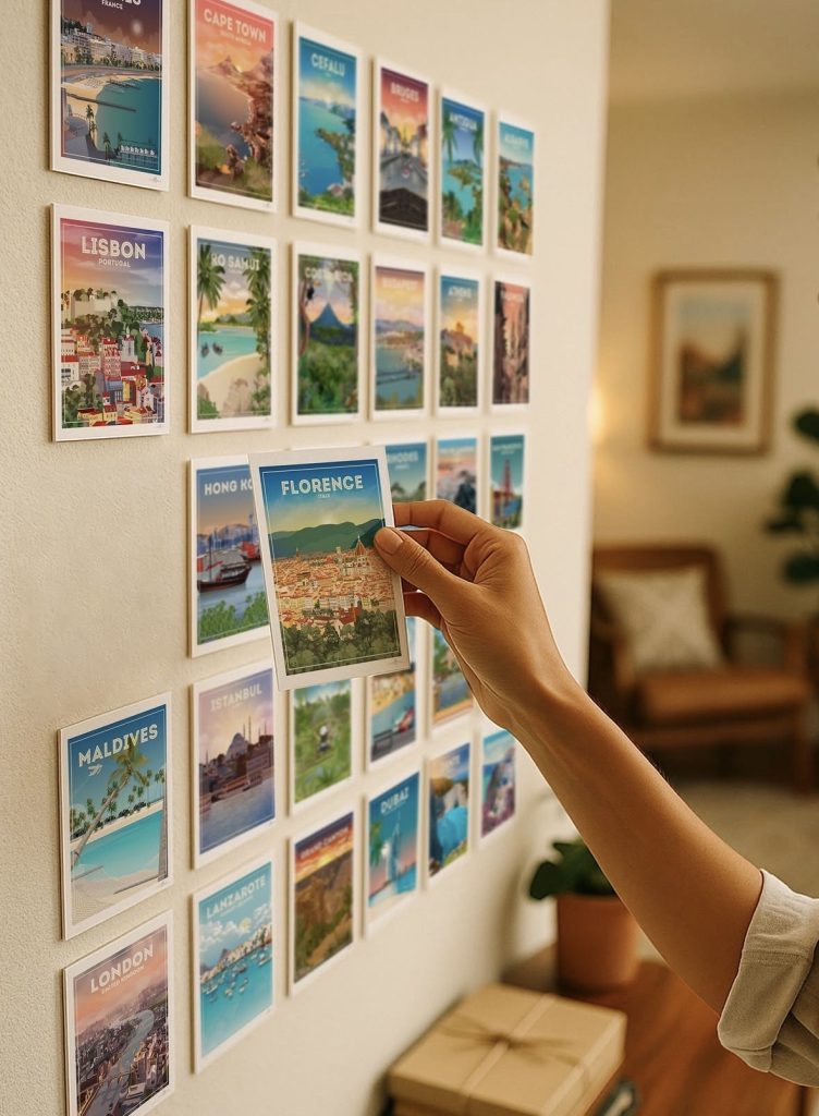 Vintage postcards on bedroom wall 