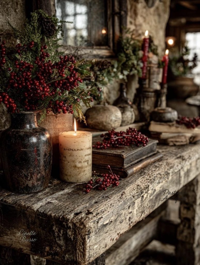 Chunky candles on mantel 