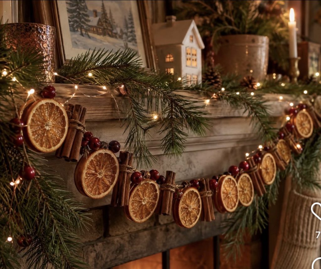 Dried orange use for rustic Christmas mantel decor 