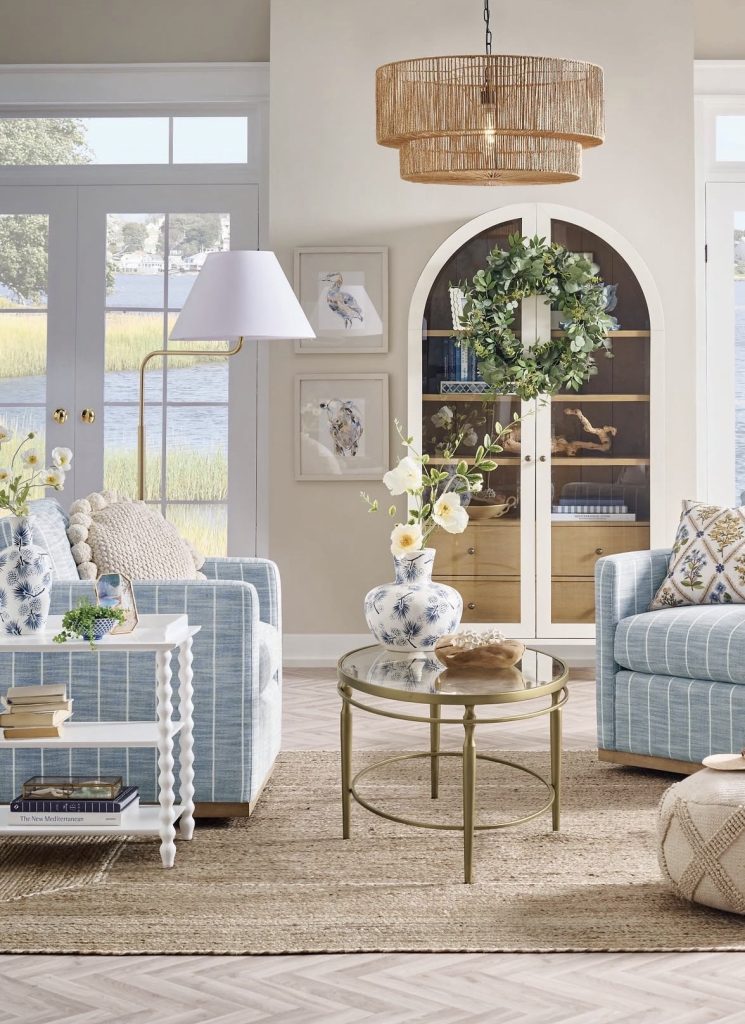 Coastal Grandmother Living Room With jute rug and other natural texture