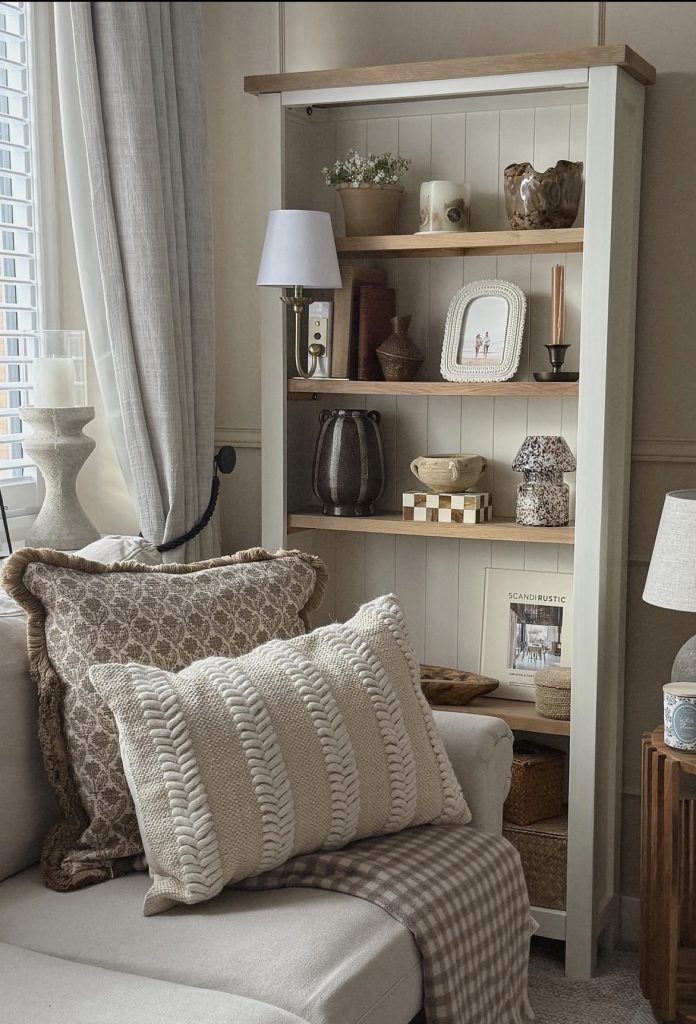 Shabby chic living room with open shelves 