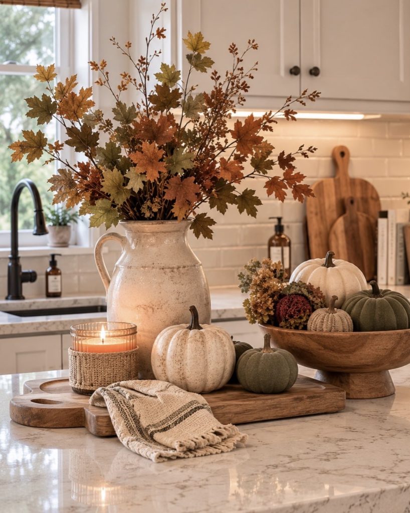 Thanksgiving kitchen island with pumpkin and guord